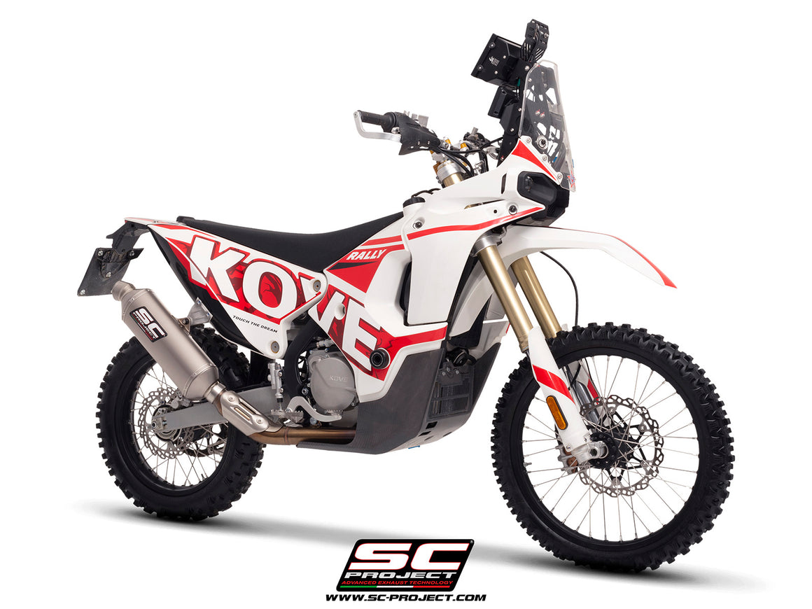 Kove 450 Rally with SC-Project Rally-X GT titanium exhaust, 3/4 rear view