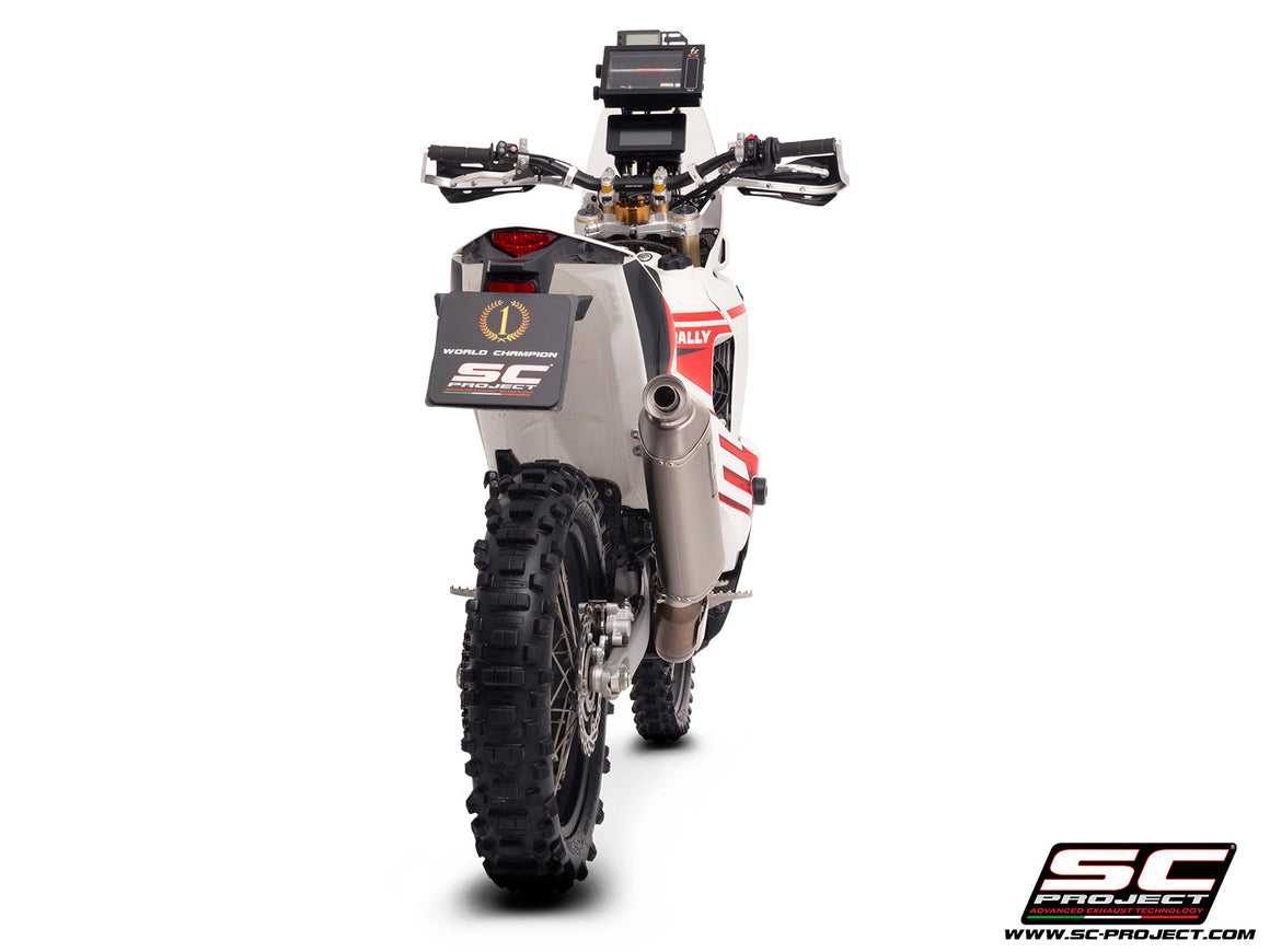 Kove 450 Rally with SC-Project Rally-X GT titanium exhaust, 3/4 rear view