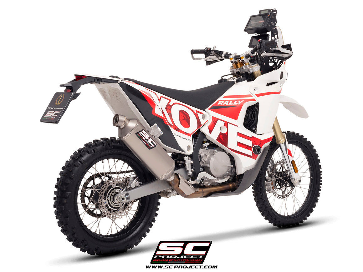 Kove 450 Rally with SC-Project Rally-X GT titanium exhaust, 3/4 rear view