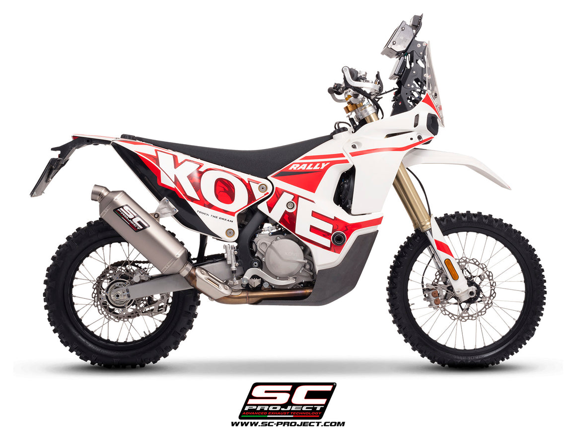 Kove 450 Rally with SC-Project Rally-X GT titanium exhaust, 3/4 rear view