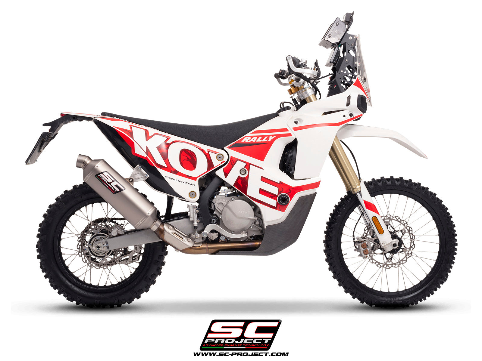 Kove 450 Rally with SC-Project Rally-X GT titanium exhaust, 3/4 rear view