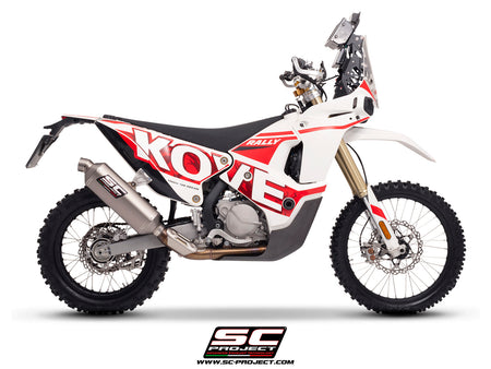 Kove 450 Rally with SC-Project Rally-X GT titanium exhaust, 3/4 rear view