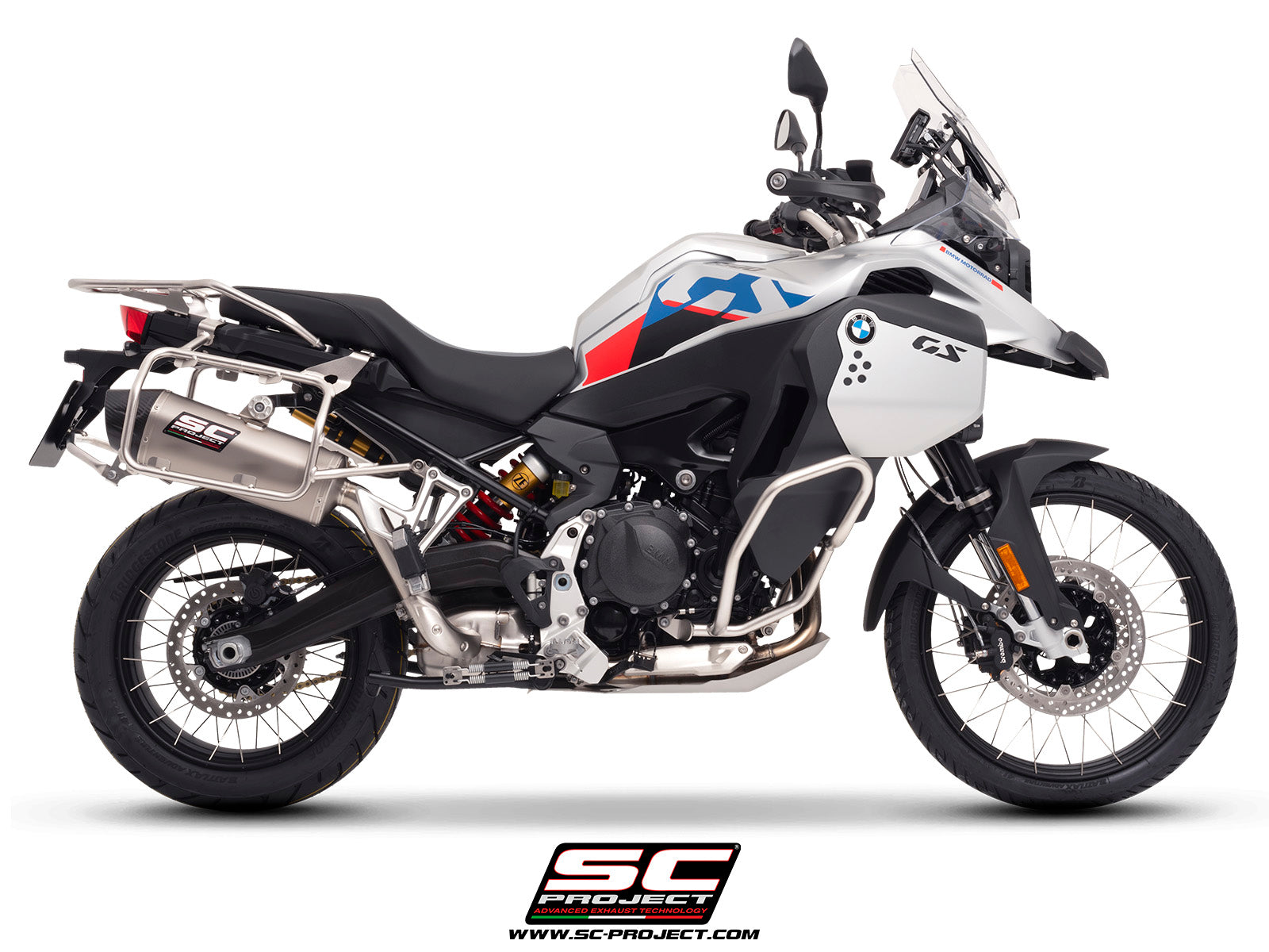 BMW F 900 GS ADVENTURE with SC-Project X-Plorer II GT titanium exhaust, 3/4 rear view