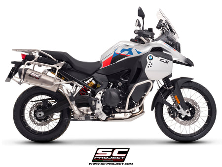 BMW F 900 GS ADVENTURE with SC-Project X-Plorer II GT titanium exhaust, 3/4 rear view