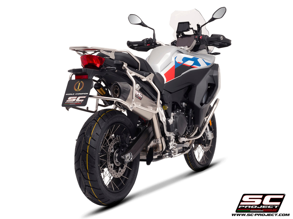 BMW F 900 GS ADVENTURE with SC-Project X-Plorer II GT titanium exhaust, 3/4 rear view