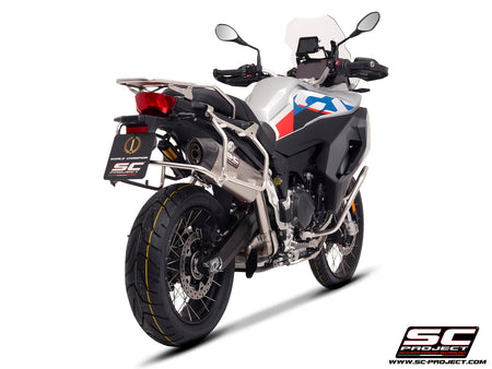 BMW F 900 GS ADVENTURE with SC-Project X-Plorer II GT titanium exhaust, 3/4 rear view