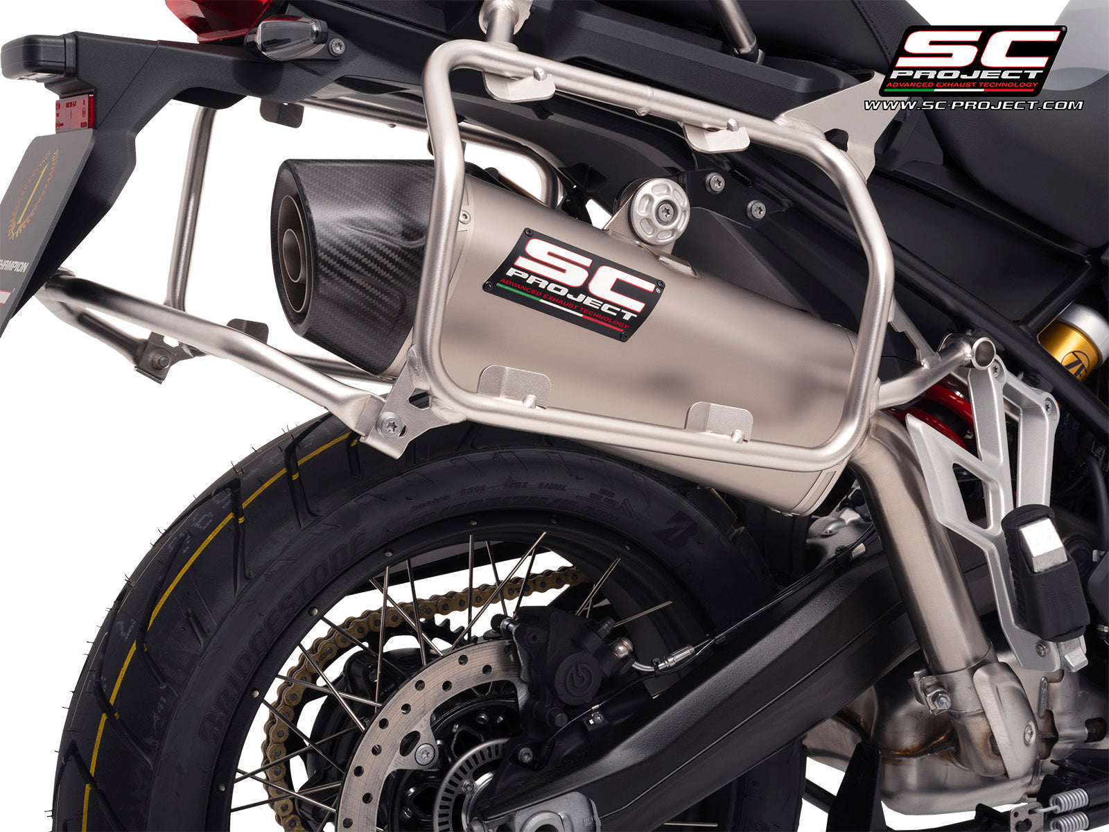 BMW F 900 GS ADVENTURE with SC-Project X-Plorer II GT titanium exhaust, 3/4 rear view