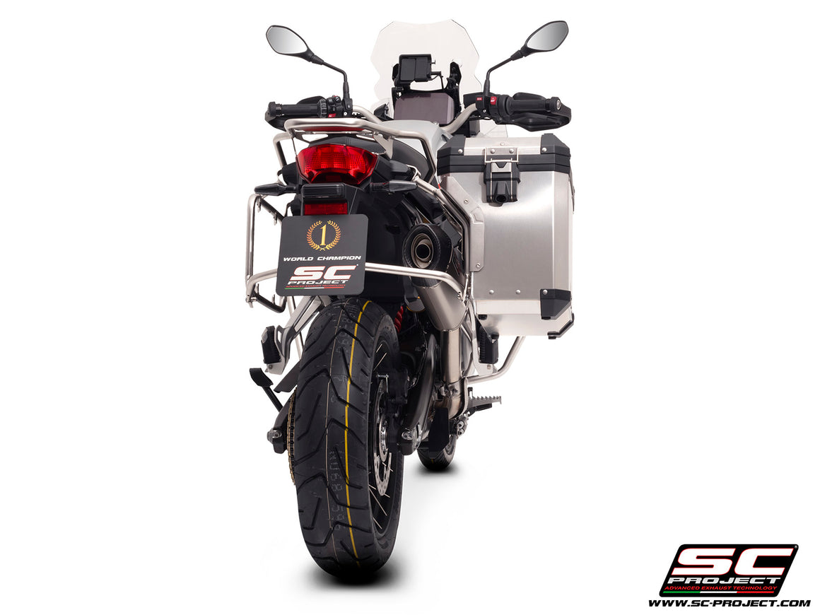 BMW F 900 GS ADVENTURE with SC-Project X-Plorer II GT titanium exhaust, 3/4 rear view