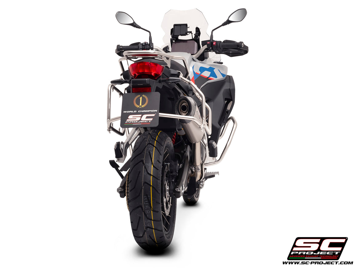 BMW F 900 GS ADVENTURE with SC-Project X-Plorer II GT titanium exhaust, 3/4 rear view