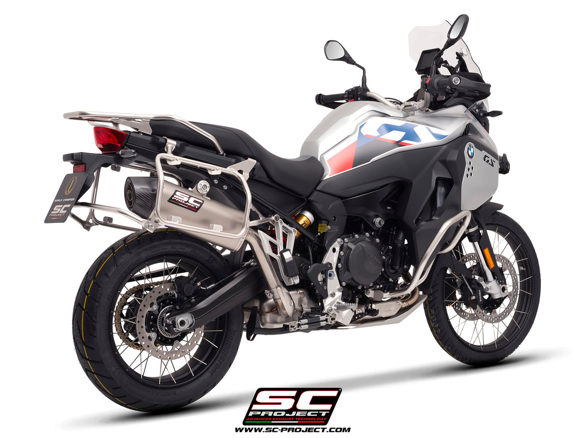 BMW F 900 GS ADVENTURE with SC-Project X-Plorer II GT titanium exhaust, 3/4 rear view