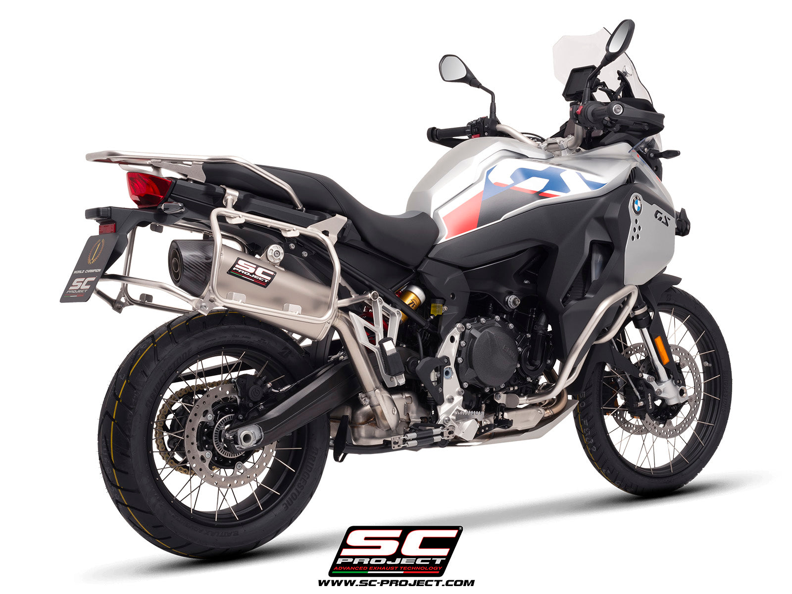 BMW F 900 GS ADVENTURE with SC-Project X-Plorer II GT titanium exhaust, 3/4 rear view