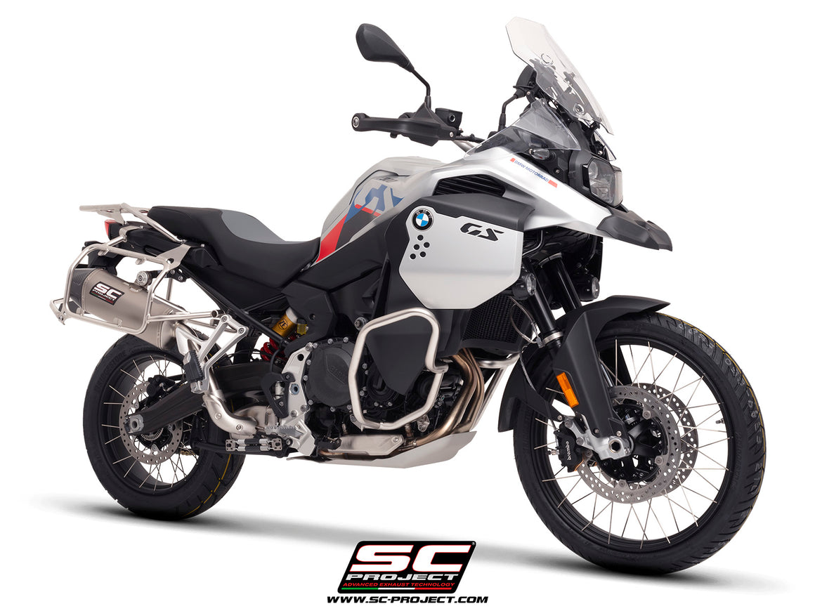 BMW F 900 GS ADVENTURE with SC-Project X-Plorer II GT titanium exhaust, 3/4 rear view