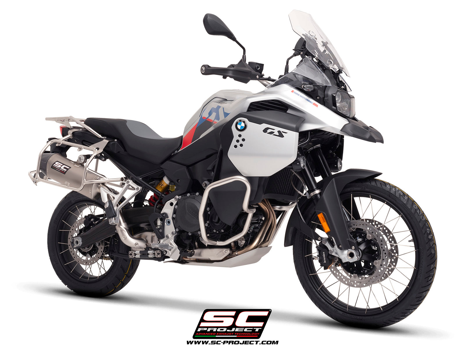 BMW F 900 GS ADVENTURE with SC-Project X-Plorer II GT titanium exhaust, 3/4 rear view