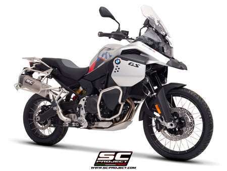 BMW F 900 GS ADVENTURE with SC-Project X-Plorer II GT titanium exhaust, 3/4 rear view