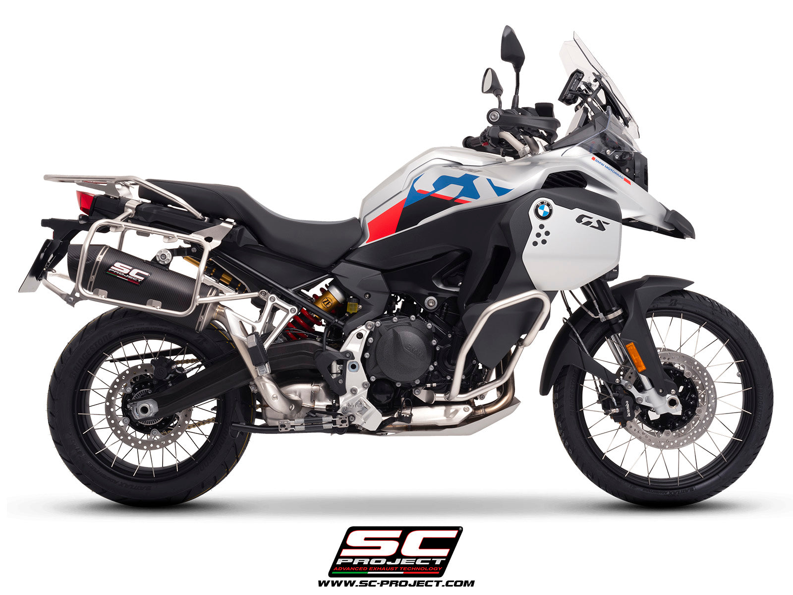 BMW F 900 GS ADVENTURE with SC-Project X-Plorer II GT carbon exhaust, 3/4 rear view