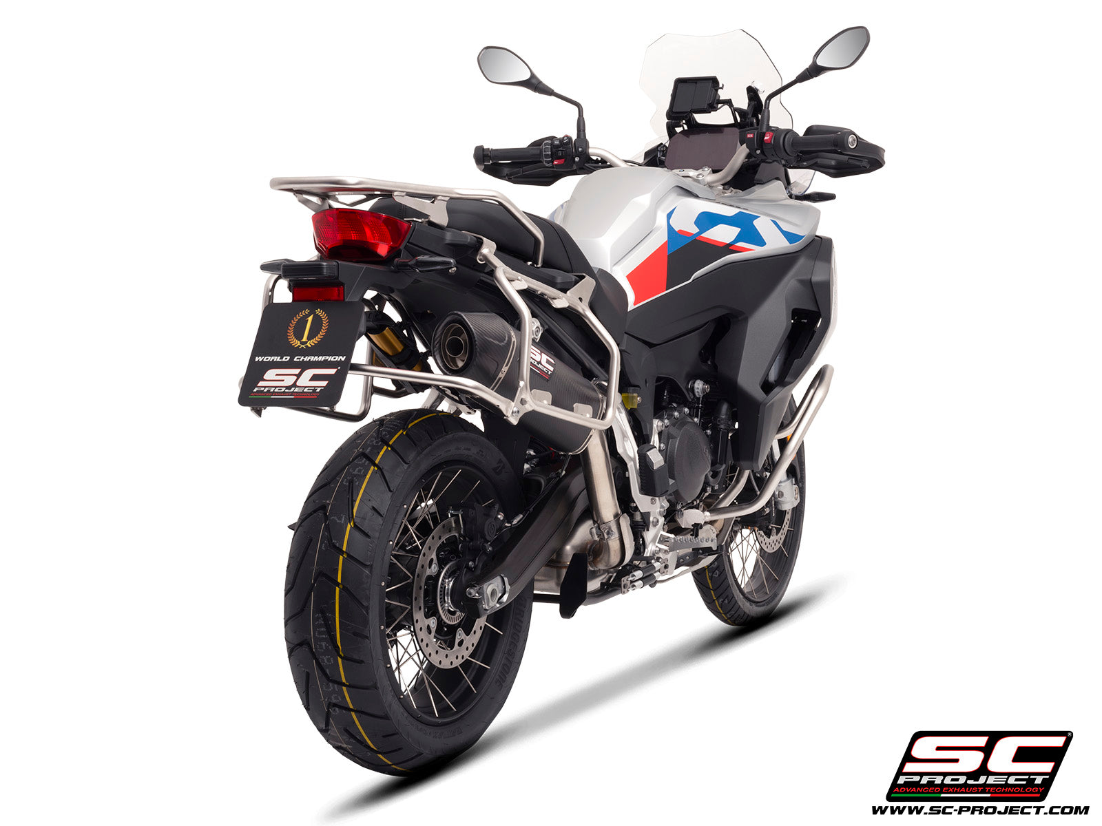 BMW F 900 GS ADVENTURE with SC-Project X-Plorer II GT carbon exhaust, 3/4 rear view