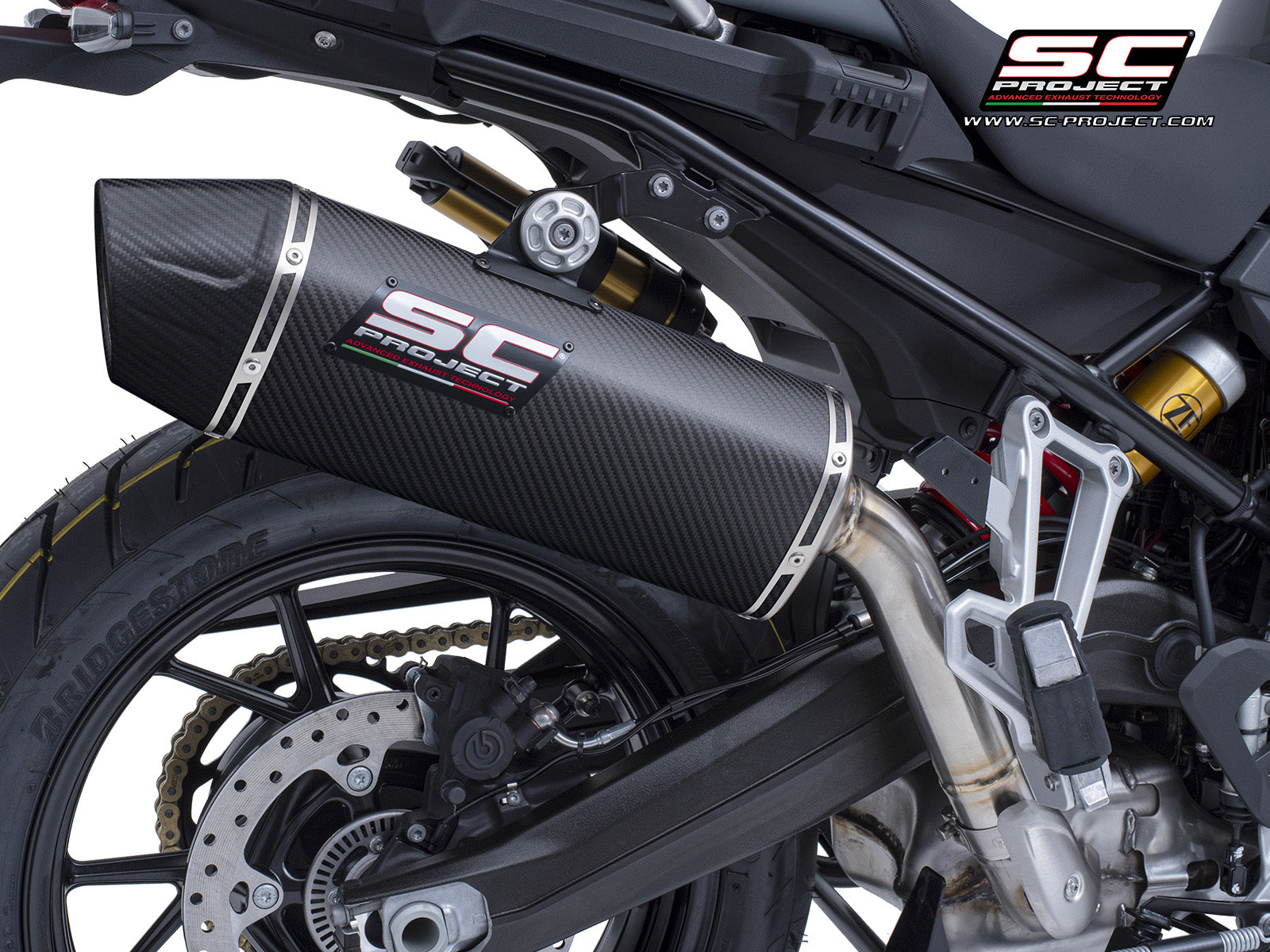 BMW F 800 GS with SC-Project X-Plorer II GT carbon exhaust, 3/4 rear view