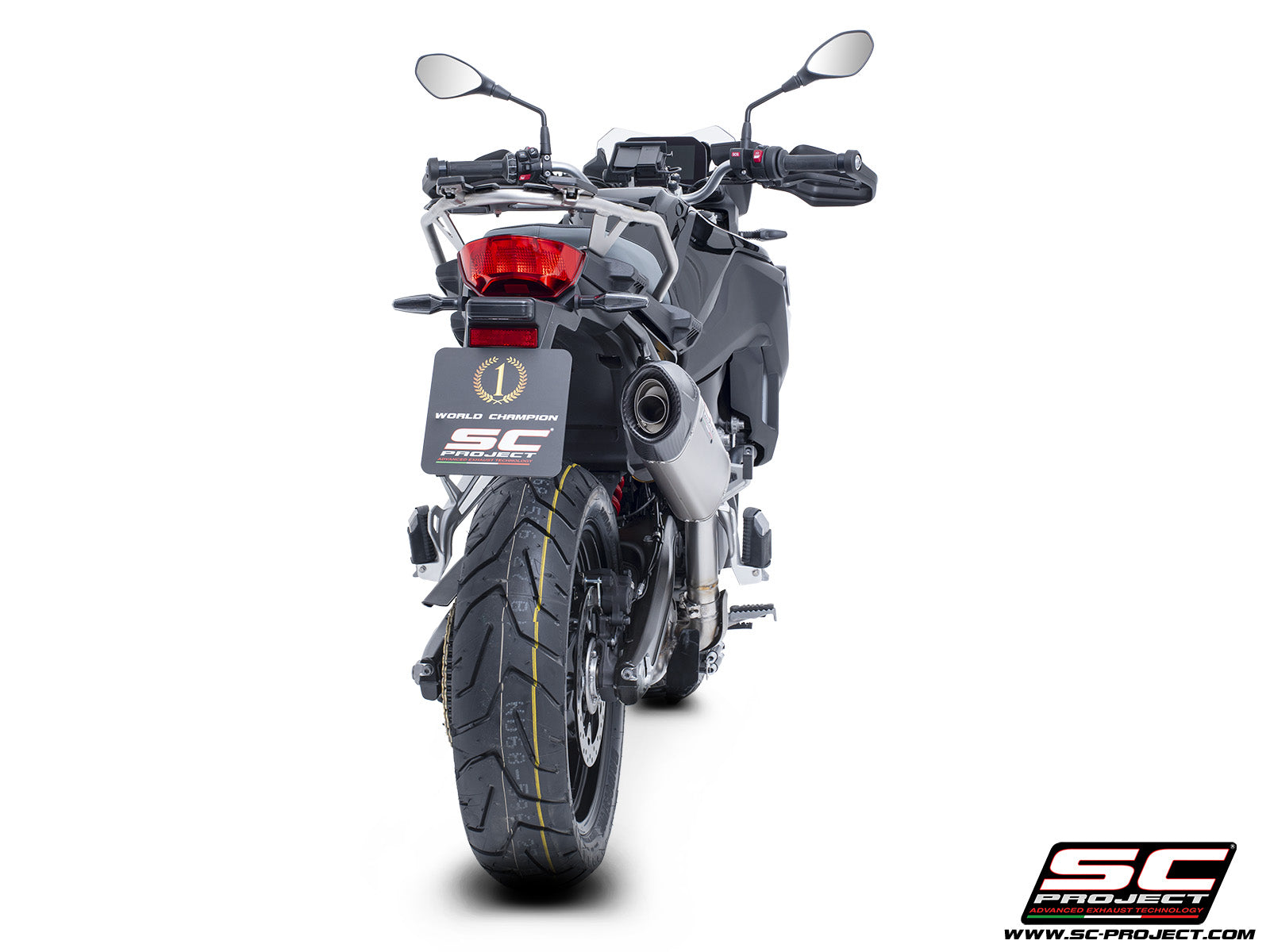BMW F 800 GS with SC-Project X-Plorer II GT titanium exhaust, 3/4 rear view