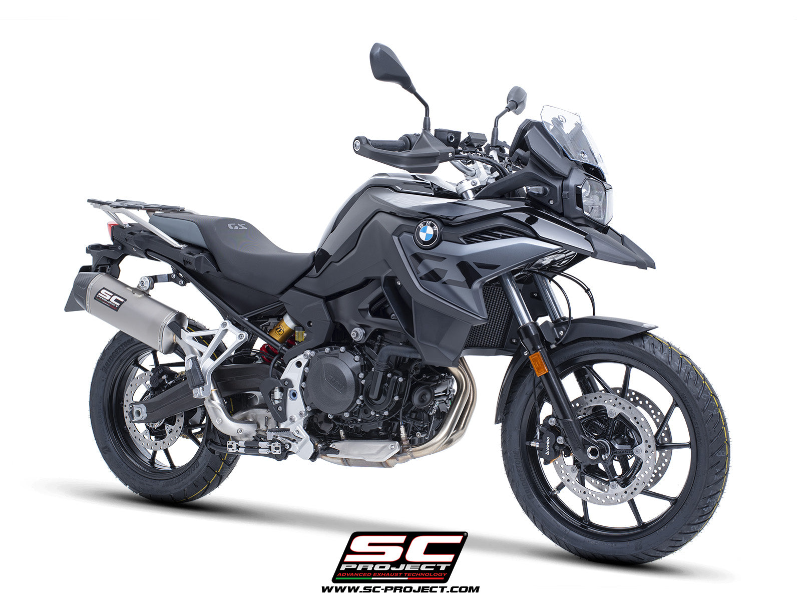 BMW F 800 GS with SC-Project X-Plorer II GT titanium exhaust, 3/4 rear view