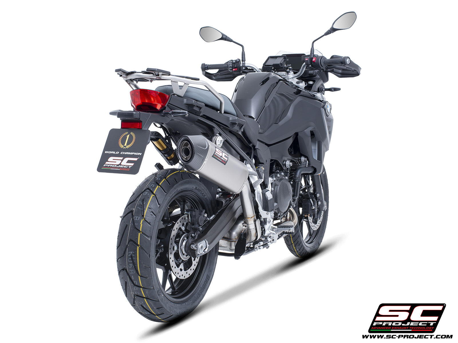 BMW F 800 GS with SC-Project X-Plorer II GT titanium exhaust, 3/4 rear view