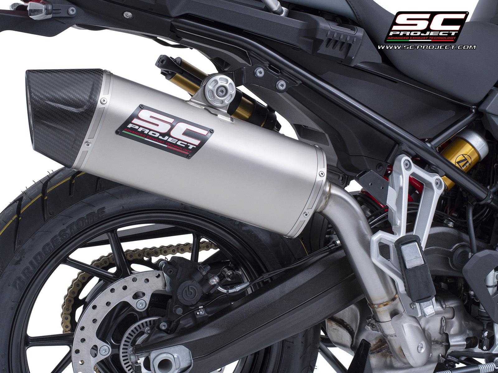 BMW F 800 GS with SC-Project X-Plorer II GT titanium exhaust, 3/4 rear view