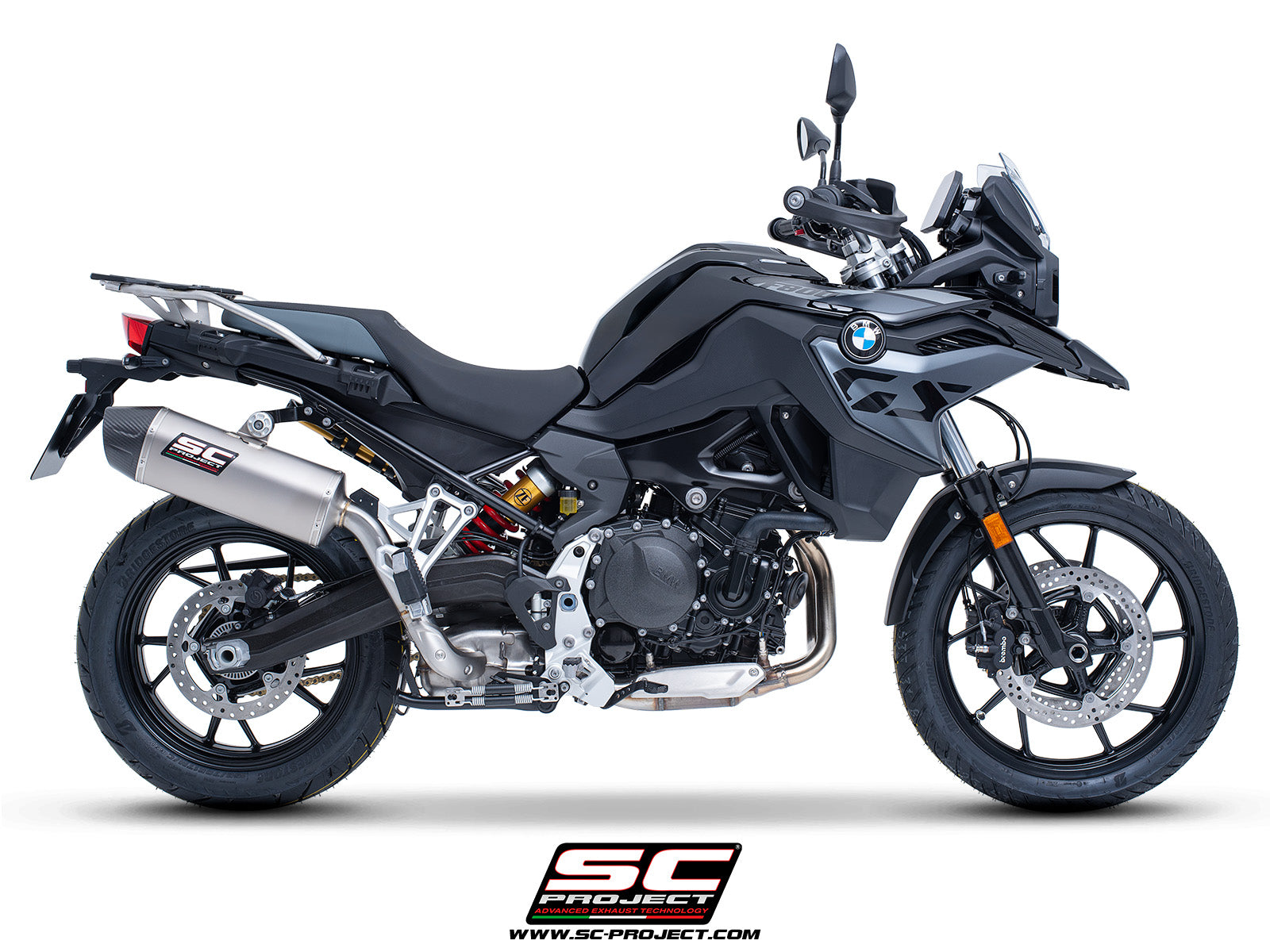 BMW F 800 GS with SC-Project X-Plorer II GT titanium exhaust, 3/4 rear view