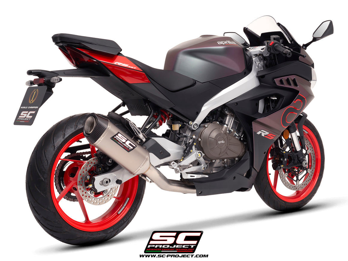 Aprilia RS 457 with SC-Project SC1-S titanium exhaust, 3/4 rear view