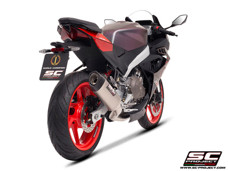 Aprilia RS 457 with SC-Project SC1-S titanium exhaust, 3/4 rear view
