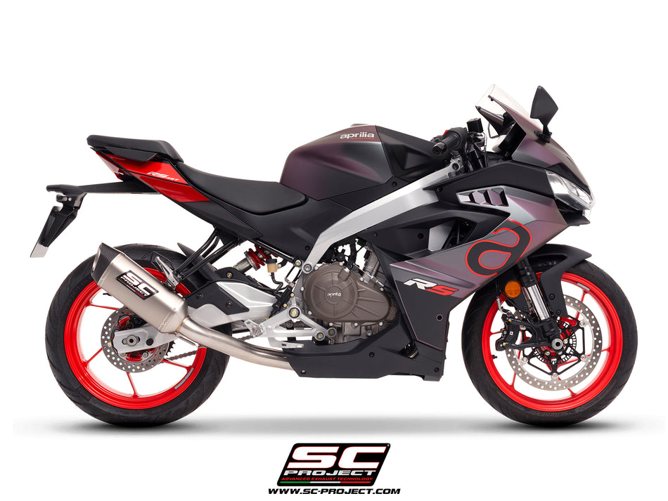 Aprilia RS 457 with SC-Project SC1-S titanium exhaust, 3/4 rear view