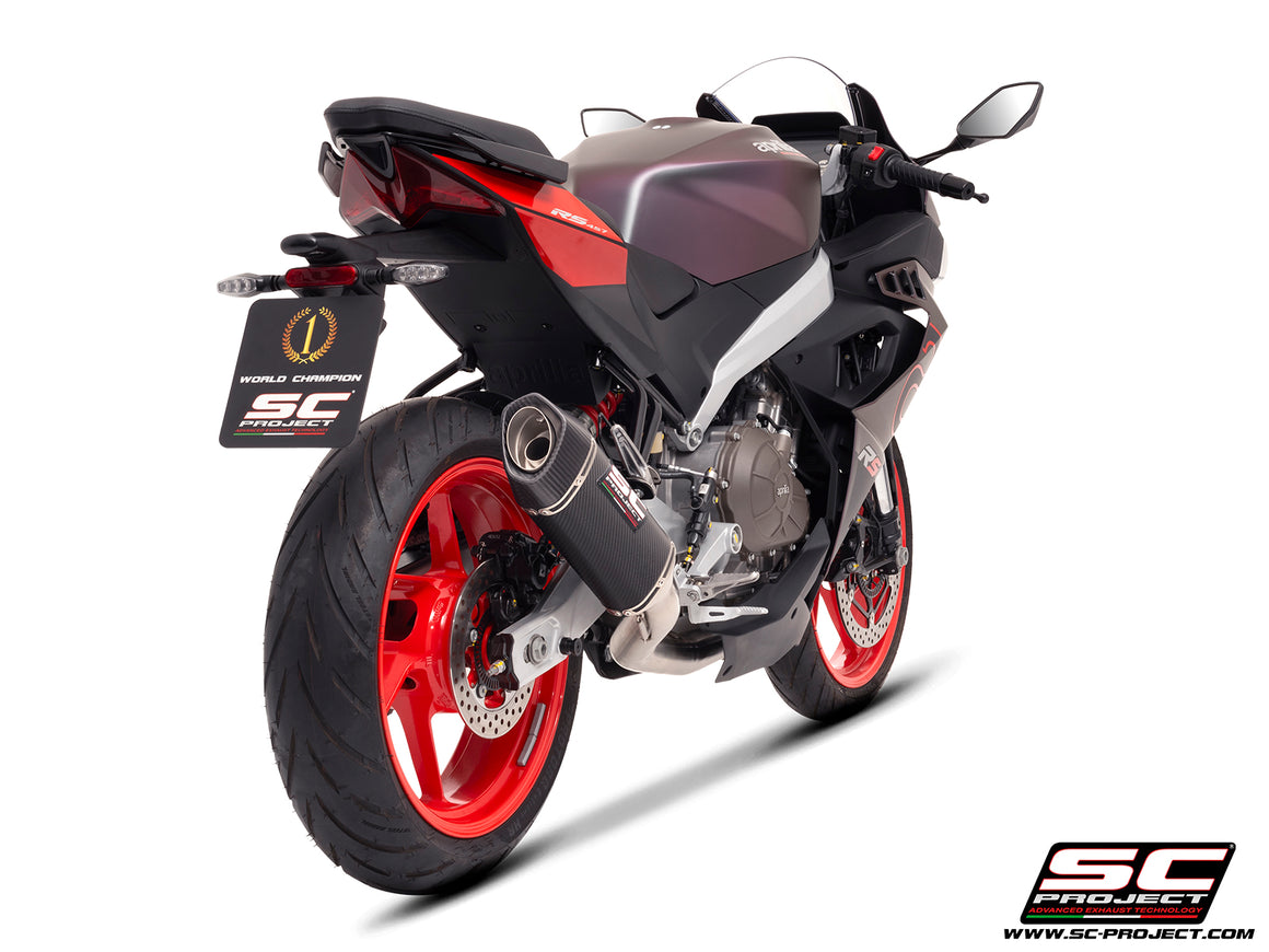 Aprilia RS 457 with SC-Project SC1-S carbon exhaust, 3/4 rear view