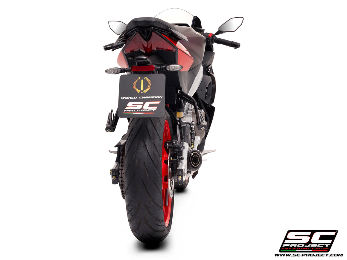 Aprilia RS 457 with SC-Project S1 stainless steel exhaust, 3/4 rear view
