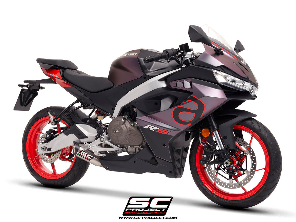 Aprilia RS 457 with SC-Project S1 stainless steel exhaust, 3/4 rear view