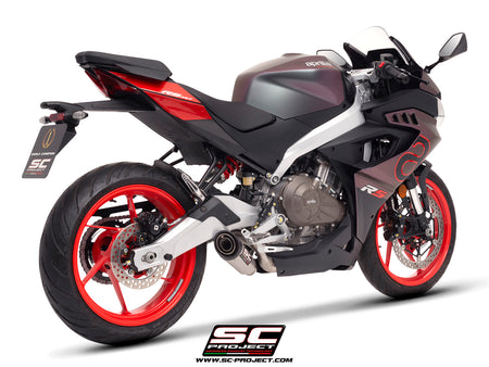 Aprilia RS 457 with SC-Project S1 stainless steel exhaust, 3/4 rear view