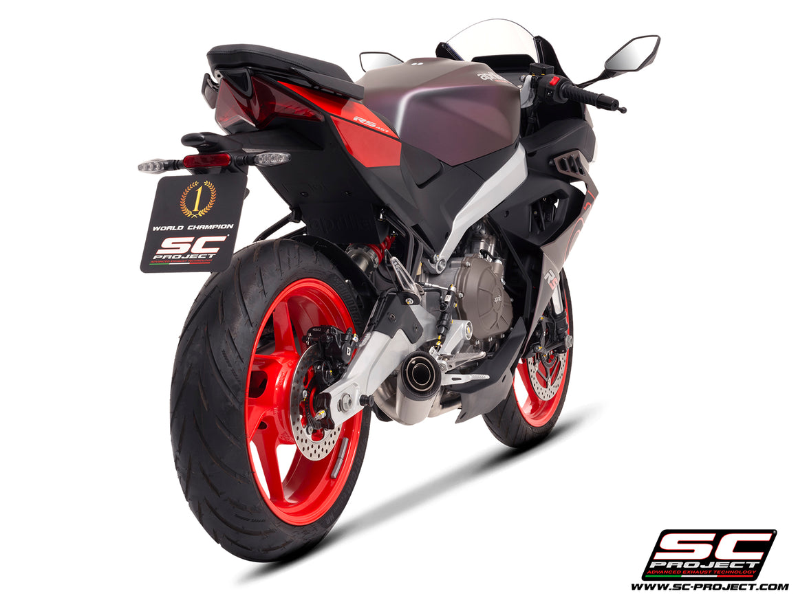 Aprilia RS 457 with SC-Project S1 stainless steel exhaust, 3/4 rear view
