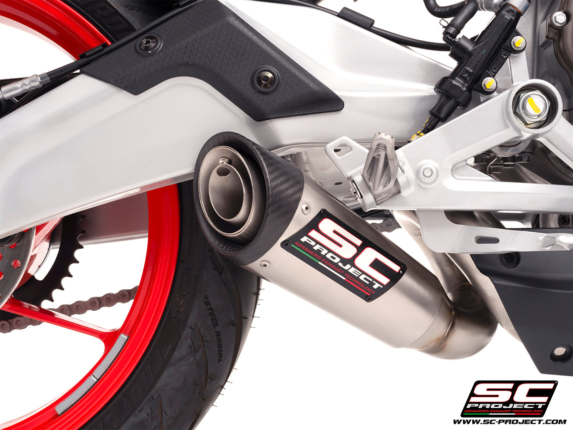 Aprilia RS 457 with SC-Project S1 stainless steel exhaust, 3/4 rear view