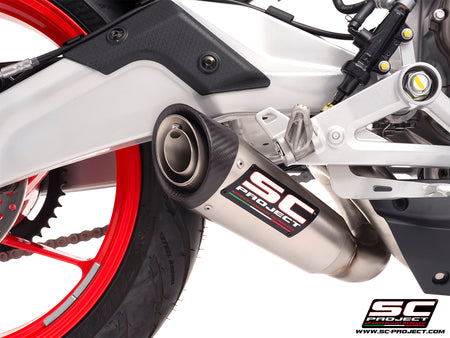 Aprilia RS 457 with SC-Project S1 stainless steel exhaust, 3/4 rear view