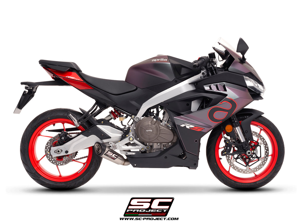 Aprilia RS 457 with SC-Project S1 stainless steel exhaust, 3/4 rear view