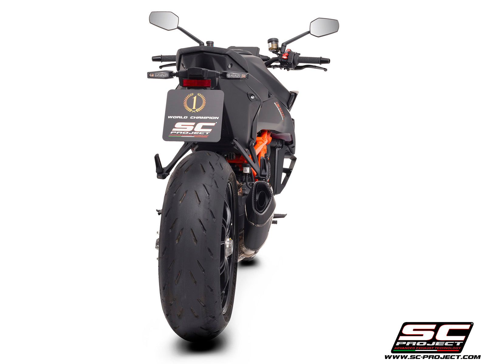 KTM 1390 Super Duke R (2024) with SC-Project SC1-R carbon exhaust, 3/4 rear view