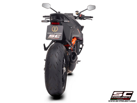KTM 1390 Super Duke R (2024) with SC-Project SC1-R carbon exhaust, 3/4 rear view