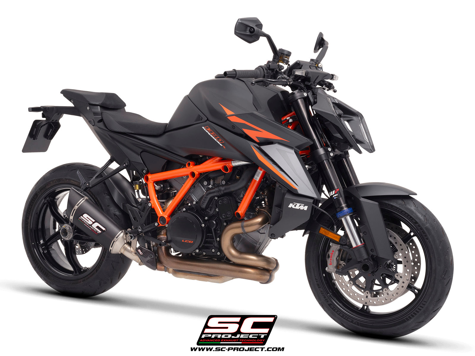 KTM 1390 Super Duke R (2024) with SC-Project SC1-R carbon exhaust, 3/4 rear view
