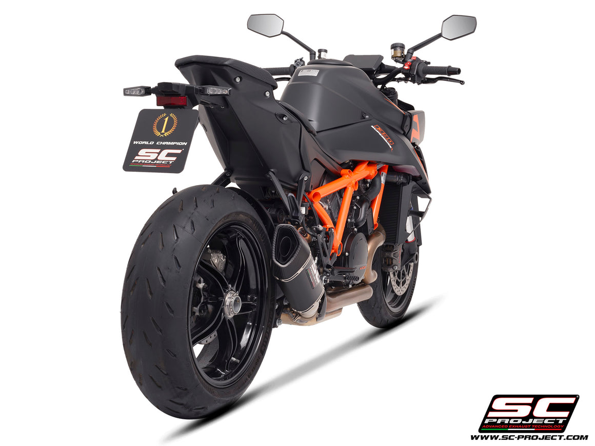 KTM 1390 Super Duke R (2024) with SC-Project SC1-R carbon exhaust, 3/4 rear view
