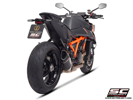 KTM 1390 Super Duke R (2024) with SC-Project SC1-R carbon exhaust, 3/4 rear view