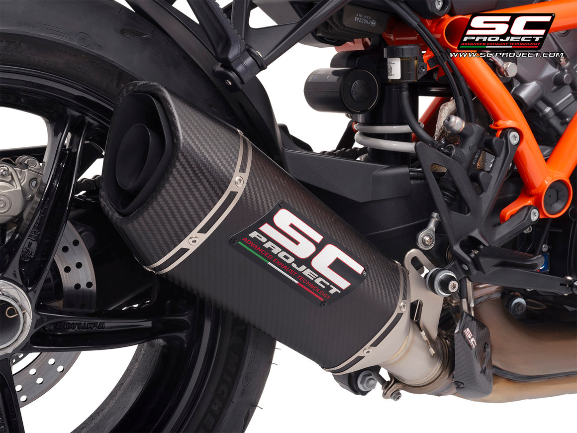 KTM 1390 Super Duke R (2024) with SC-Project SC1-R carbon exhaust, 3/4 rear view