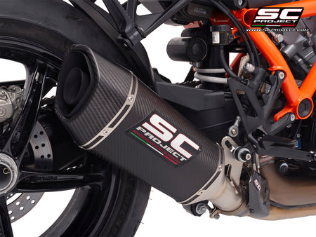 KTM 1390 Super Duke R (2024) with SC-Project SC1-R carbon exhaust, 3/4 rear view