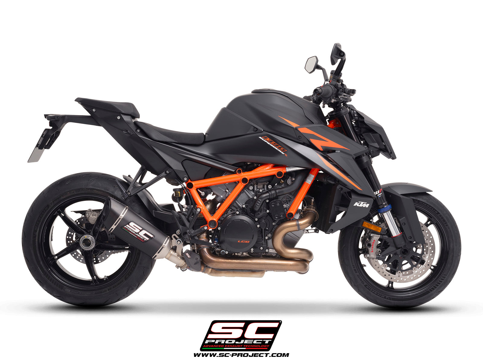KTM 1390 Super Duke R (2024) with SC-Project SC1-R carbon exhaust, 3/4 rear view