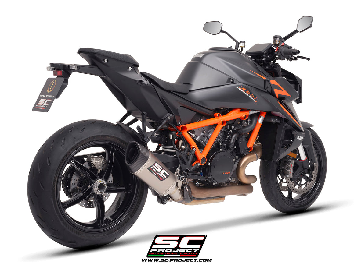 KTM 1390 Super Duke R (2024) with SC-Project SC1-R titanium exhaust, 3/4 rear view