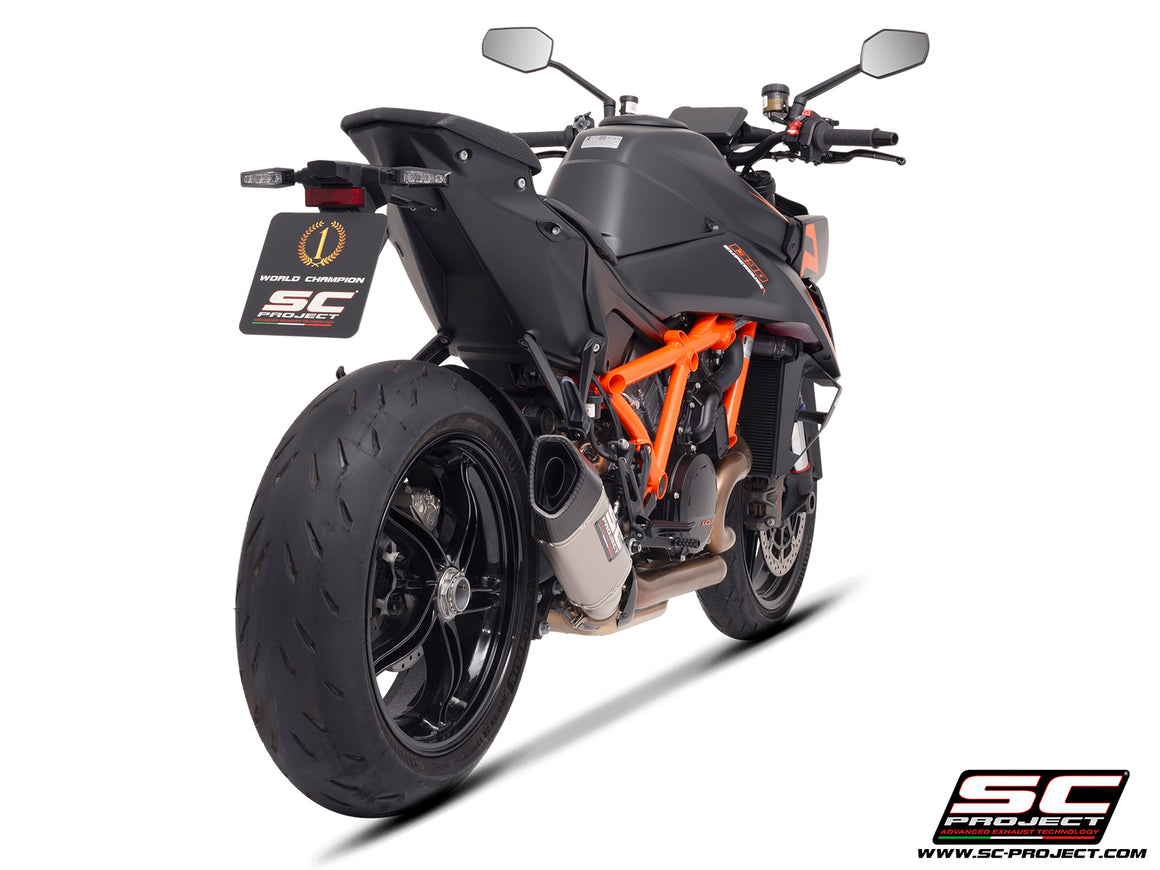KTM 1390 Super Duke R (2024) with SC-Project SC1-R titanium exhaust, 3/4 rear view