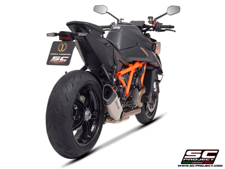 KTM 1390 Super Duke R (2024) with SC-Project SC1-R titanium exhaust, 3/4 rear view