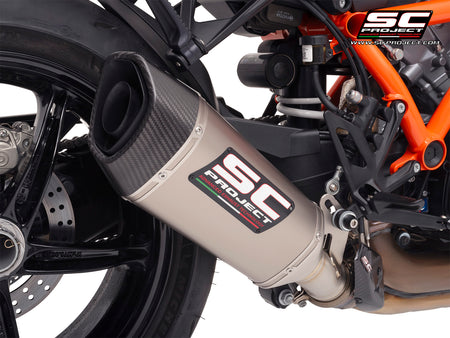 KTM 1390 Super Duke R (2024) with SC-Project SC1-R titanium exhaust, 3/4 rear view