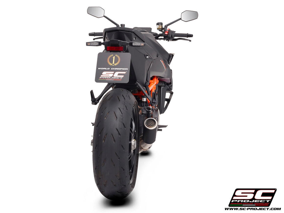 KTM 1390 Super Duke R (2024) with SC-Project CR-T carbon exhaust, with stoneguard grid, 3/4 rear view